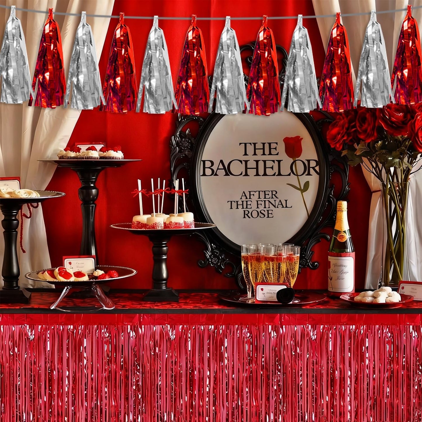 4P Red Silver Tassel Banner Garland Metallic Foil Fringe Banner Tinsel Tassels Streamer Banner Backdrop for Parade Floats, 2025 Graduation Decorations, Father's Day, Wedding Party Decoration