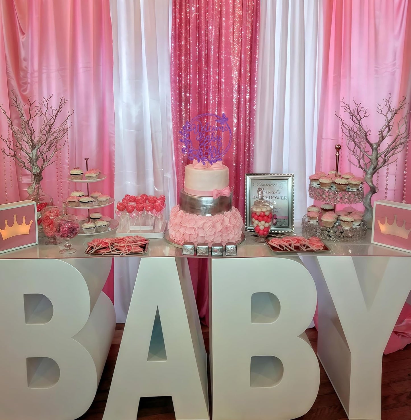 Welcome Baby Girl Cake Topper - Deep Purple Glitter Baby Shower Cake Decorations, Baby Girl Cake Decor, for Baby Shower/Birthday Party/Gender Reveal Party Photo Booth Props