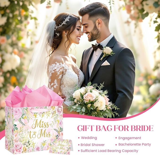Yomaiha Floral Bridal Shower Gift Bag Wedding Miss to Mrs Gifts Bag with Tissue and Card Bridal Shower Gift Wrapping Paper Pink Flower Wedding Bride Engagement Bachelorette Party Supply Decorations