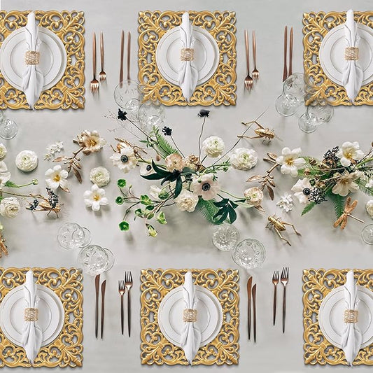 MAONAME 12" Gold Charger Plates Set of 6, Mirror Charger for Dinner Plates, Plastic Plate Chargers with Embossed Rims, Square Chargers for Table Setting, Wedding