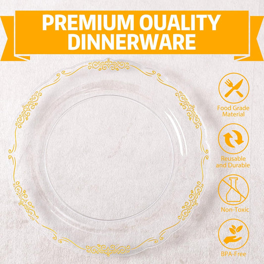 U-QE 100PCS Clear Gold Plastic Plates - Disposable Heavy Duty Clear Plates with Gold Rim Including 50PCS 10'' & 50PCS 7.5'' Perfect for Party, Weddings