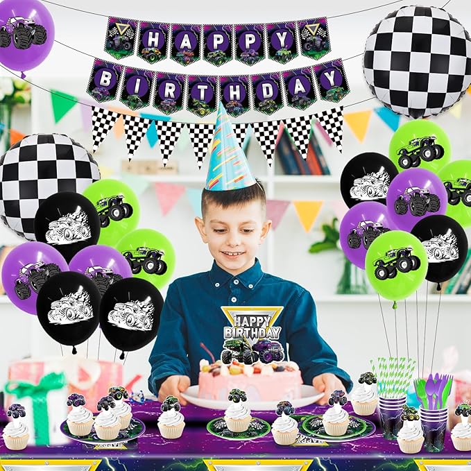 Truck Birthday Decorations Kit,162pcs Monster Birthday Party Supplies Serves 16 Guests, Truck Theme Party Decorations for Boy Purple and Green