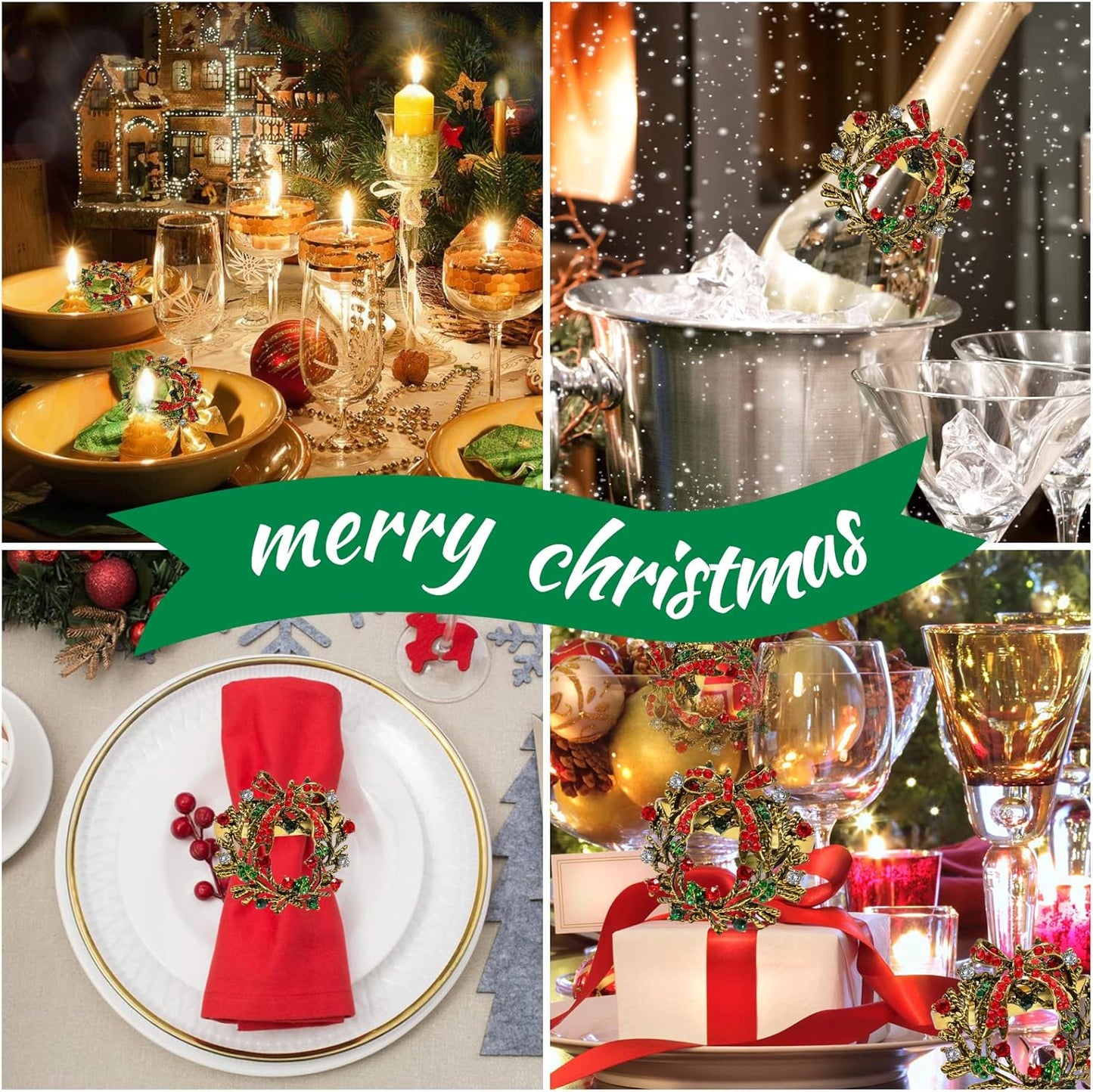 Legigo Set of 8 Christmas Wreath Napkin Rings Set- Diamond Wreath Xmas Napkin Ring Holders for Cloth Napkins, Christmas Holiday Party Dinner Table Decoration