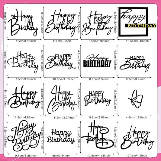 15 PCS Black Happy Birthday Cake Toppers Acrylic Mirror Inserts for Cakes Cupcakes Desserts 15 Styles