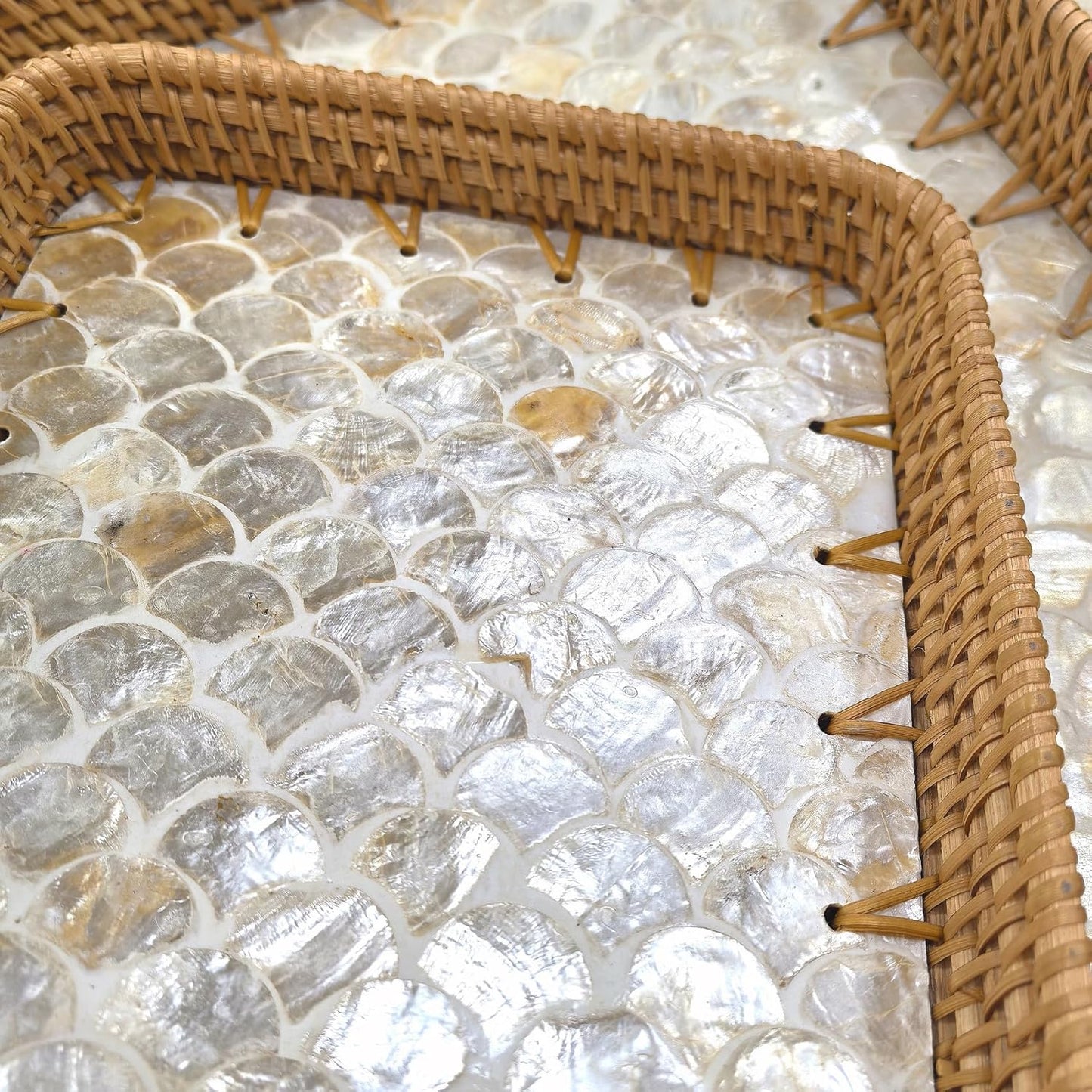 i-lan 2-Piece Rectangular Rattan Serving Trays with Mother of Pearl Inlay, 13" & 11.5" Decorative Storage Trays for Home Organization, Entertaining, and Tabletop Display