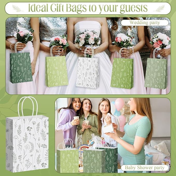 Kolldenn 50 Pcs Sage Green Wildflower Gift Bags with Handles Paper Floral Goodie Welcome Bag for Wedding Guest Baby Shower Bridal Birthday Party Favor, 5.91 x 3.15 x 8.27 Inches