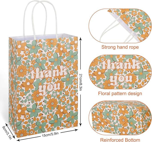 AnyDesign 12 Pack Boho Thank You Gift Bags Bulk Retro Rainbow Flower Paper Bags with Handle Candy Goody Party Favor Bags for Wedding Birthday Baby Shower Bridal Party Supplies, 5.9 x 8.3 x 3.1 Inch