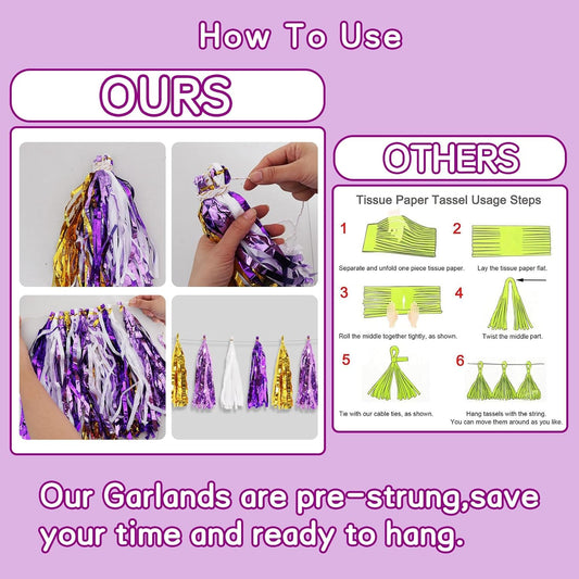 BEISHIDA 3 Packs Purple Gold White Metallic Foil Fringe Tassel Garland, Tassels Banner Streamers for Car Floats Bridal/Baby Shower Birthday Wedding Halloween Christmas Holiday Party Decoration