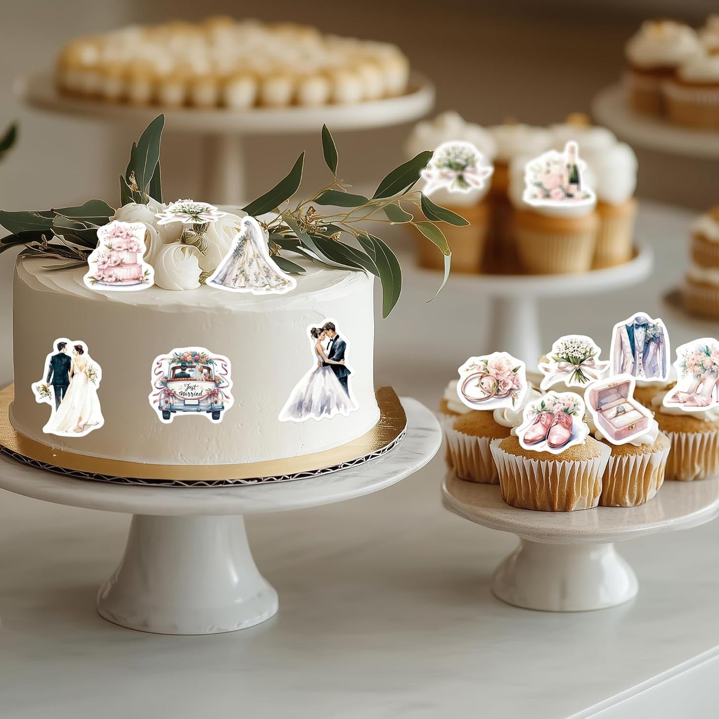 45PCS Edible Wedding Cupcake Toppers Wafer Paper Groom and Bride Cupcake Decoration Diamond Ring Cupcake Picks for Bridal Shower Bachelorette Wedding Party Supplies