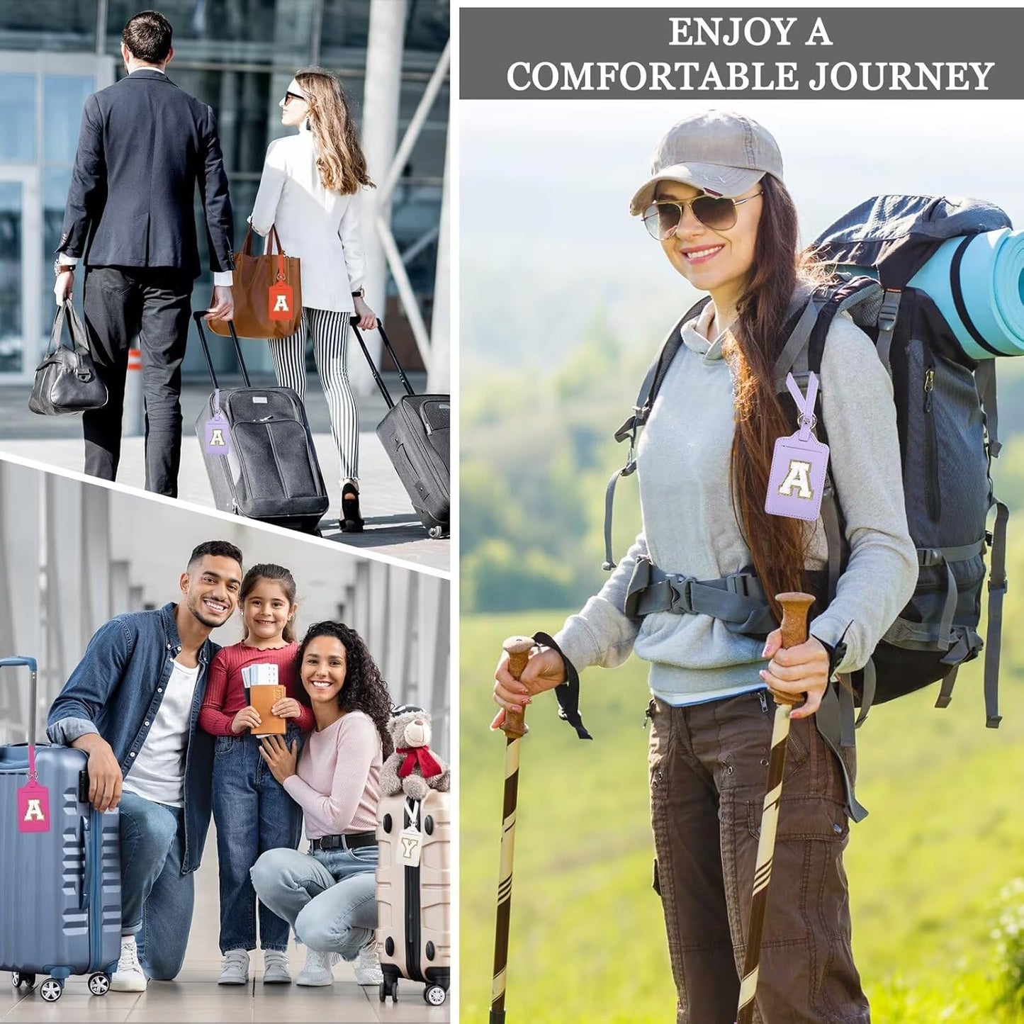 Personalized Initial Luggage Tags for Suitcases, Leather Chenille Letter Cute Luggage Tags with Privacy Name Card, Embroidered Travel Bag Backpack Tags Gifts for Women Kids Girls Teens(Purple-A)