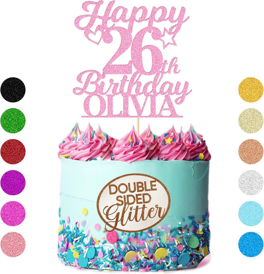 EDSG Happy Birthday Cake Topper Personalized Cake Topper Gifts Custom Glitter Cake Topper with Any Name & Age for 18th 21st 30th 40th 50th 60th 11 Colors Cake Decorations (Baby Pink)