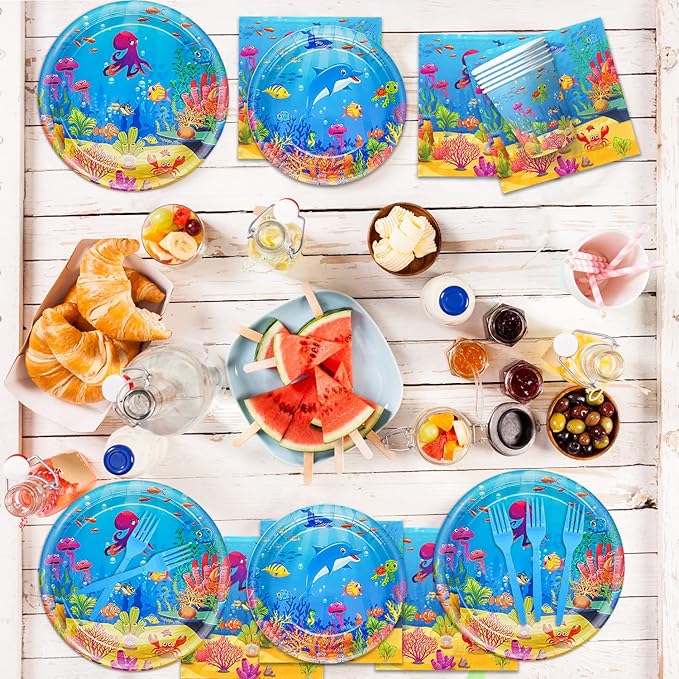 120 Pcs Under the Sea Party Decorations Ocean Birthday Party Plates and Napkins Set Sea Animal Theme Tableware Set Underwater Creatures Table Decor Supplies Paper Plates Napkins Cups for 24 Guests