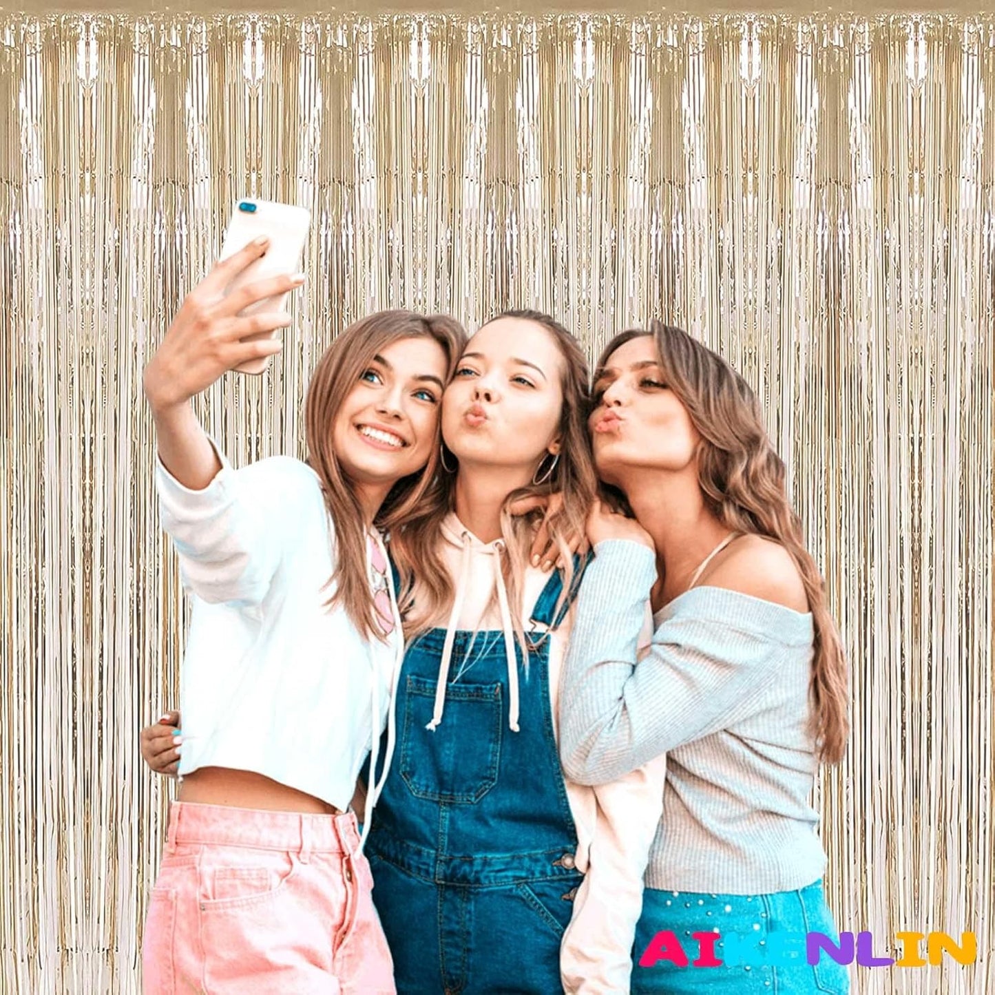 4 Pack 3.3Ft x 6.6Ft Champagne Gold Foil Fringe Curtain Backdrop, Metallic Tinsel Foil Fringe Streamers Curtains Background for Photo Booth, Birthday, Wedding, Valentine's Day Party Decoration