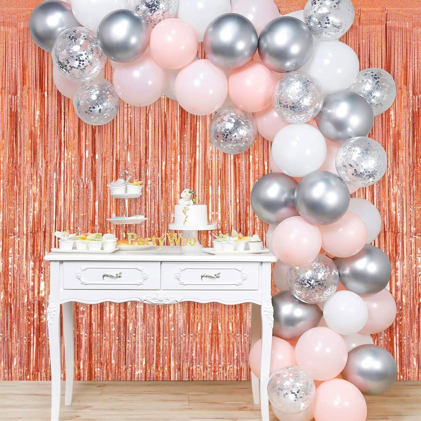 Tinsel Foil Fringe Curtain, 2 Pack Metallic Tinsel Curtain Backdrop for Party Decorations, Large Glitter Streamer Backdrop for Birthday Wedding Christmas Photo Booth (Rose Gold)