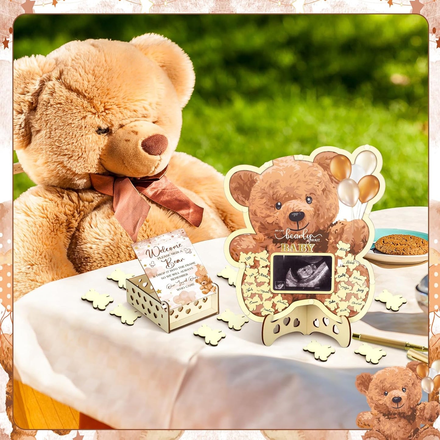 Wenqik 63 Pcs Brown Bear Baby Shower Guest Book Alternatives Set Baby Shower Decorations with Photo Frame Sonogram Frame Keepsake 60 Wood Slices Guest Book for Birthday
