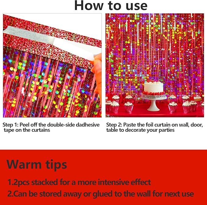 4 Packs Red Foil Fringe Curtain, Red Glitter Metallic Tinsel Backdrop for Birthday, Wedding, Baby Shower, Halloween, Christmas, Carnival, Casino Party Decorations Supplies