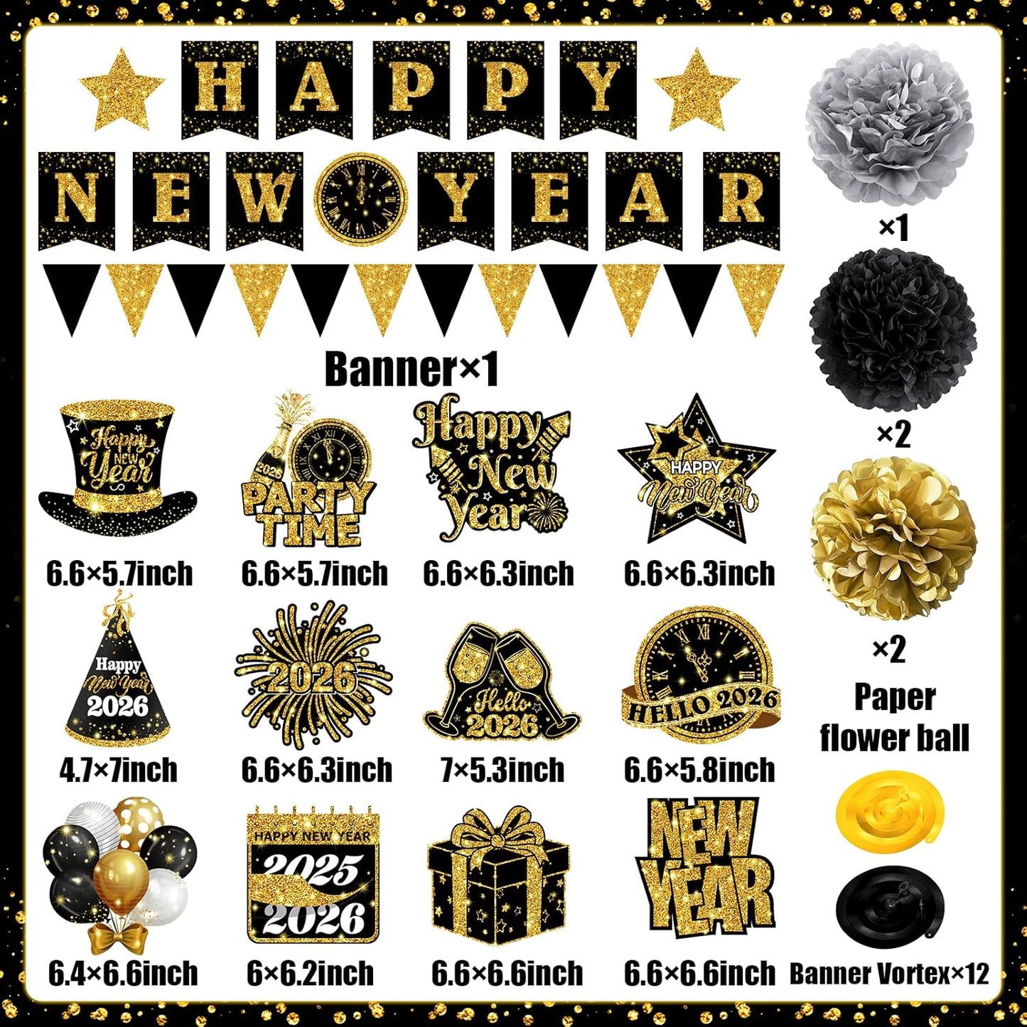 New Years Decorations Hanging Swirls,Black and Gold 2026 New Years Eve Decorations Banner Ceiling Hanging Pom Pom Garland Triangle Flag for Happy New Year Decorations