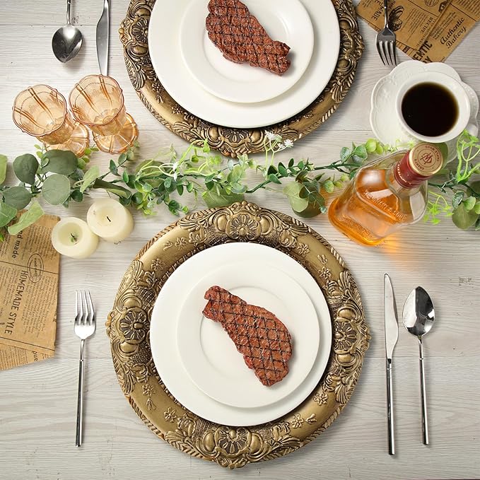 Mifoci Antique Gold Charger Plates Set of 12 Plastic Gold Chargers for Dinner Plates Decorative 13" Round Plate Bulk with Embossed Rim for Dinner, Party, Wedding