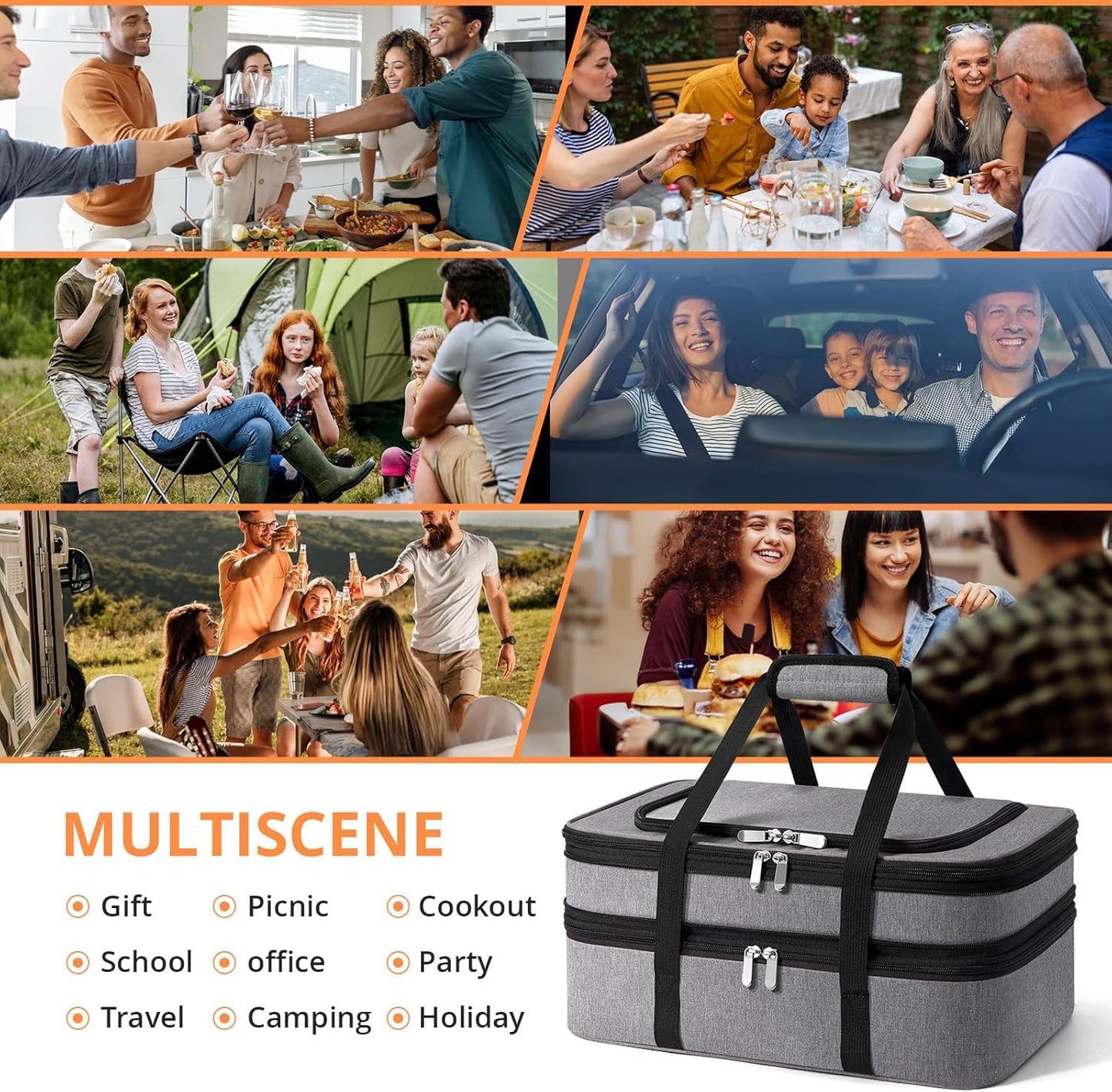 Double Insulated Casserole Carrier - Portable Casserole Carriers for Hot or Cold Food Lunch Tote Warmer or Cooler Bag for Potluck Parties Picnic Cookouts, Fits 9" x 13" Baking Dish - Grey