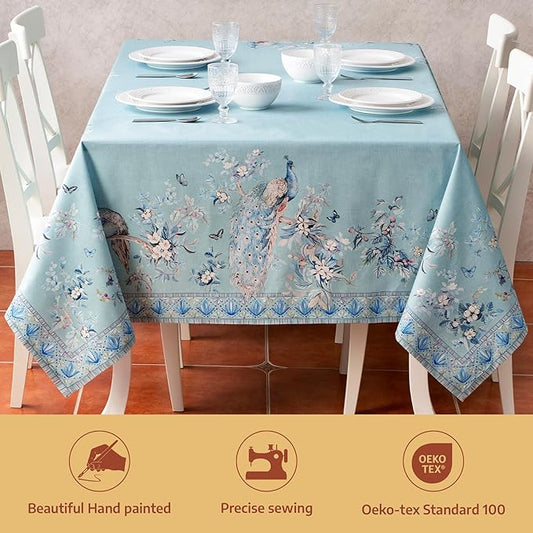 Maison d' Hermine Premium Table Cloth Rectangle Table 100% Combed Cotton 90 x 70 Inches Tablecloth Reusable Decorative for Dining Room Home Party Festive Wedding - Peacock Utopia - Pastel Turquoise
