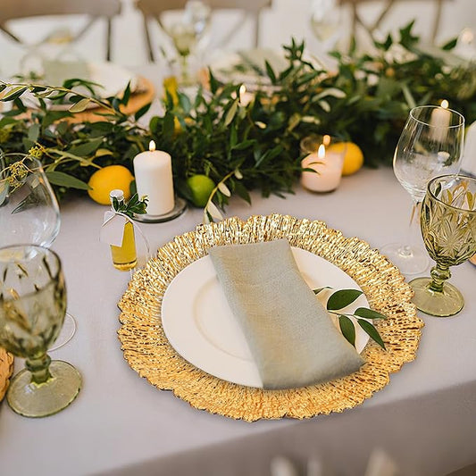 24-Unit Gold Charger Plates Collection, 13 Inch Round Plastic Chargers for Formal Dinner Weddings Banquets Party Events (Foral Gold, 24 PCS)