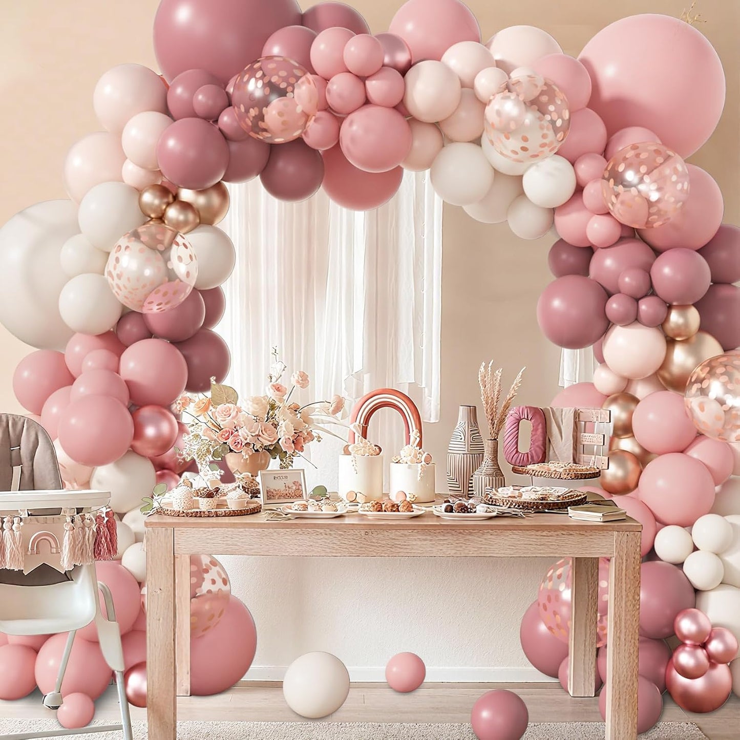 Amandir 173Pcs Dusty Rose Pink Nude Balloon Garland Arch Kit, 18In Retro Blush Peach Mauve White Sand Gold Confetti Balloons for Girl Baby Shower Wedding Boho Birthday Party Decorations