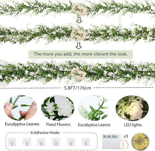 RECUTMS Greenery Vines Garland 3 Pack Artifical Garland with Lights Hanging Greenery Table Garland Greenery Artificial Green Leaves for Mantel Wedding Backdrop Arch Wall Indoor Outdoor Decor(White)