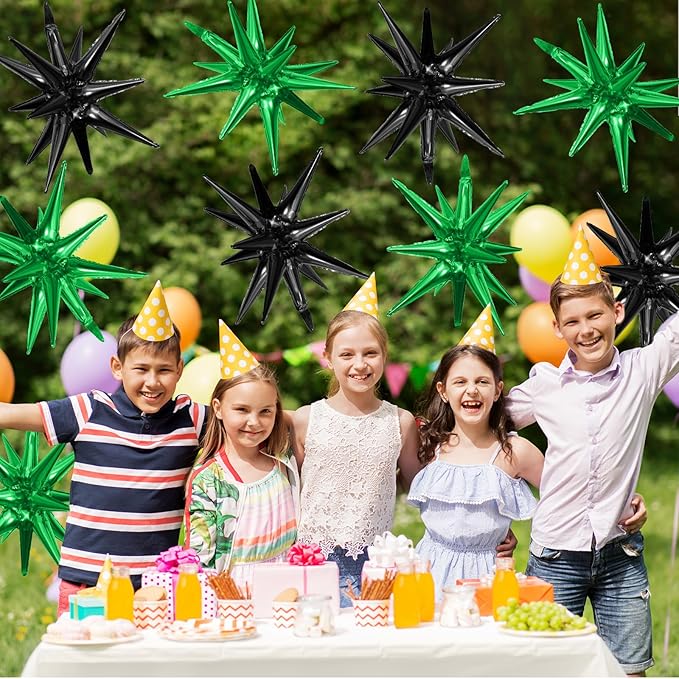 Black Green Star Balloons,9Pcs 22Inch Black Green Explosion Spike Cone Helium Polyester Film Star Foil Balloons for Birthday Anniversary Baby Shower Disco Party Decorations