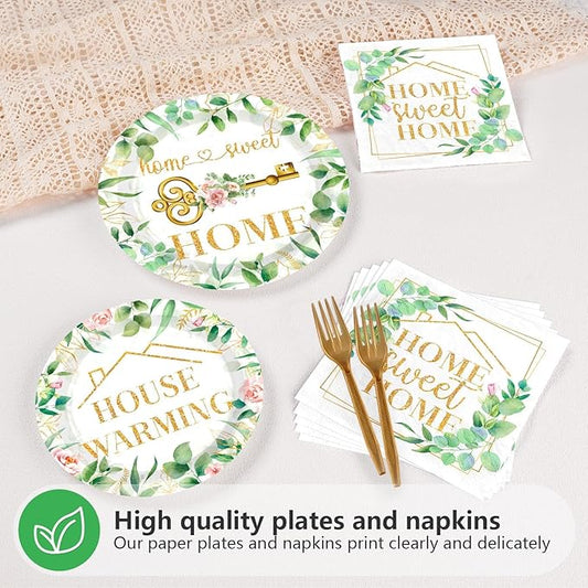 Grencian 200Pcs House Warming Party Decorations Housewarming Plates Disposable Home Sweet Home Plates Green Leaves Pink Floral Paper Tableware for New House Wedding Party Supplies, Serves 50