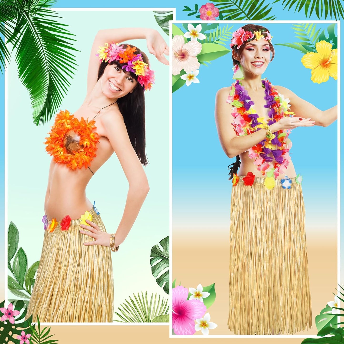 8PCS Hawaiian Table Skirt, Gold Luau Themed Grass Table Skirt Party Supplies, Indoor Outdoor 108 X 29.5" Flower Tropical Hula Dance Parties Supplies Bulk, Table Skirt for Summer Beach Themed Party