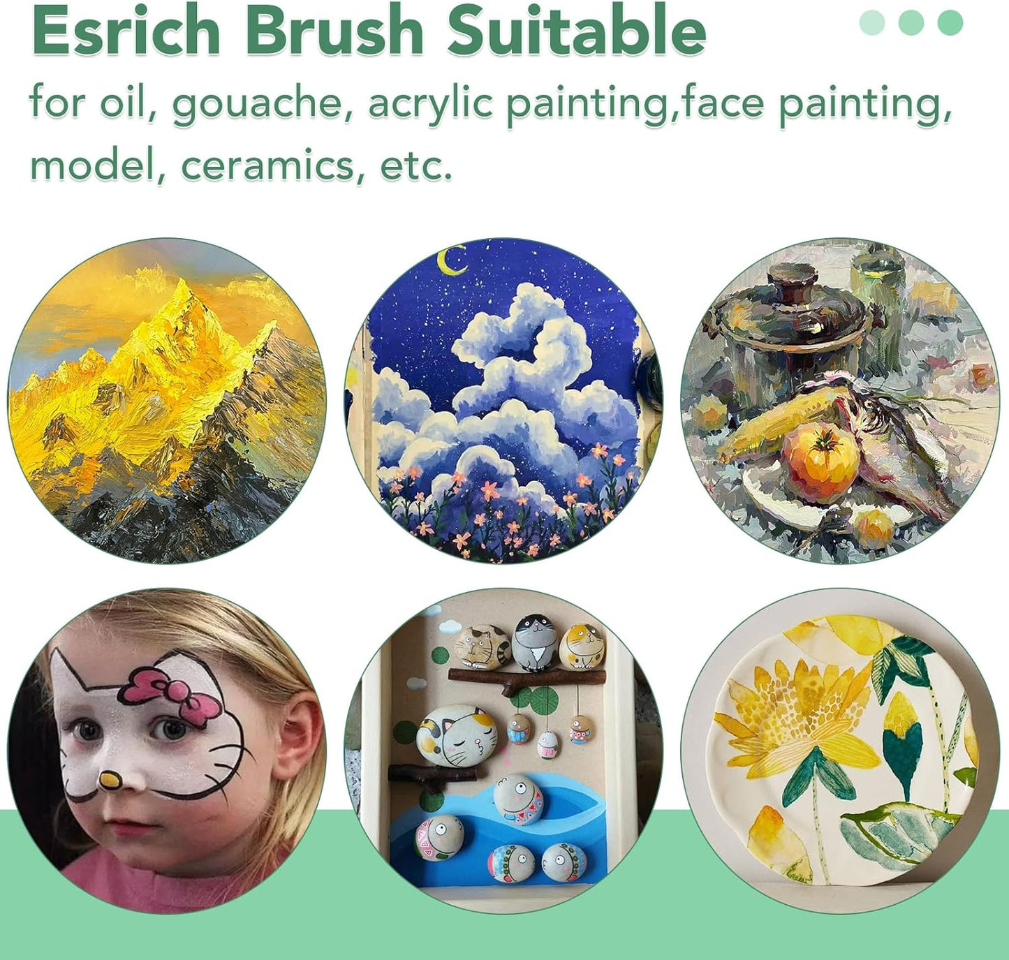 ESRICH Paint Brushes Set,6 Packs 60 Pcs Acrylic Paint Brush Set,Acrylic Oil Watercolor, Face Nail Art, Miniature Detailing,Rock Painting,Painting Artist Professional Kits(Green)
