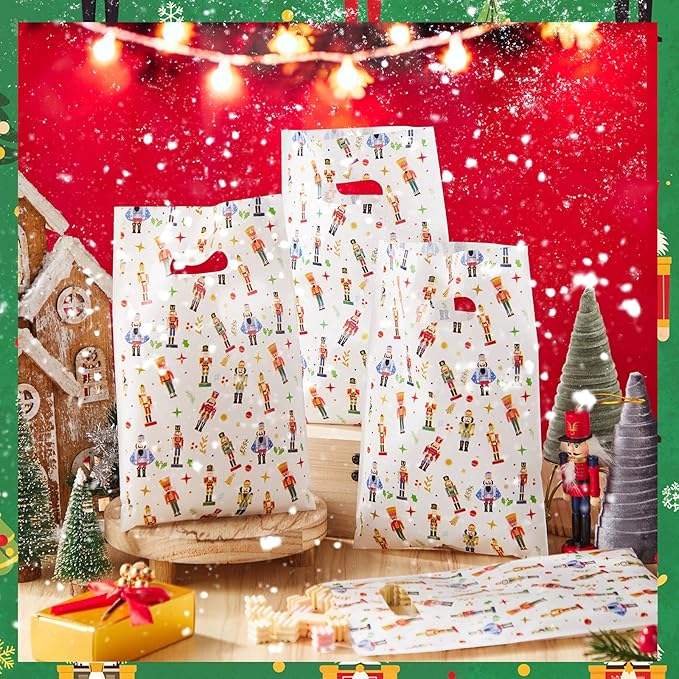 Supervitae 100 Pcs Christmas Nutcracker Plastic Gift Bags Bulk Xmas Party Favor Bags with Handles for Holiday Birthday Wedding Snacks Goodie Candy Treat Party Supplies, 9.84''x6.5''
