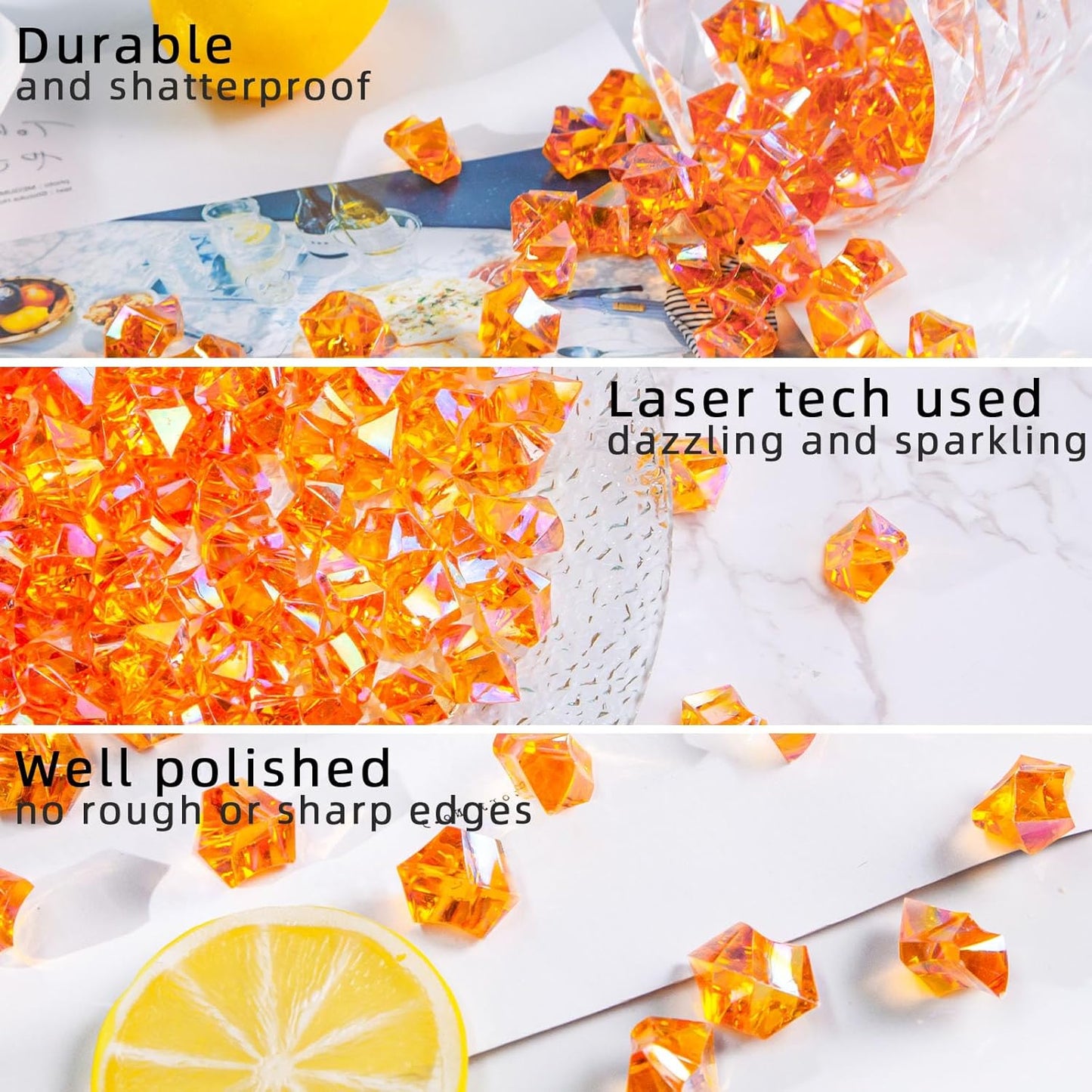 DomeStar 180PCS Fake Ice, Dazzling Orange Acrylic Fake Diamonds, Vase Filler, Sparkling Plastic Gems for DIY Craft Table Scatter Wedding Party Burnt Orange Decoration