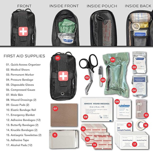 EPG Field First Aid Kit (IFAK) | 44 Piece | Compact Personal First Aid Kit | Backpacking, Camping, Emergency, Travel, Tactical, Go Bag, Bug Out Bag, 72 Hour Kit, Essentials, EDC, Survival IFAK (Black)