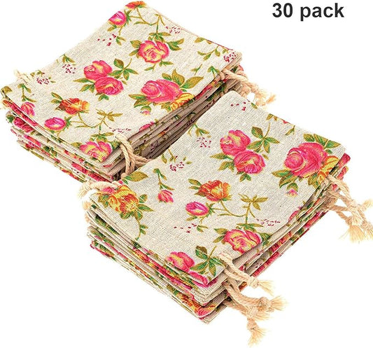 Pangda 30 Pieces Small Size Rose Drawstring Bags Burlap Flower Pouch Bags Linen Gift Jewelry Pouches for Wedding DIY Craft Party (3.9 x 5.3 Inch)