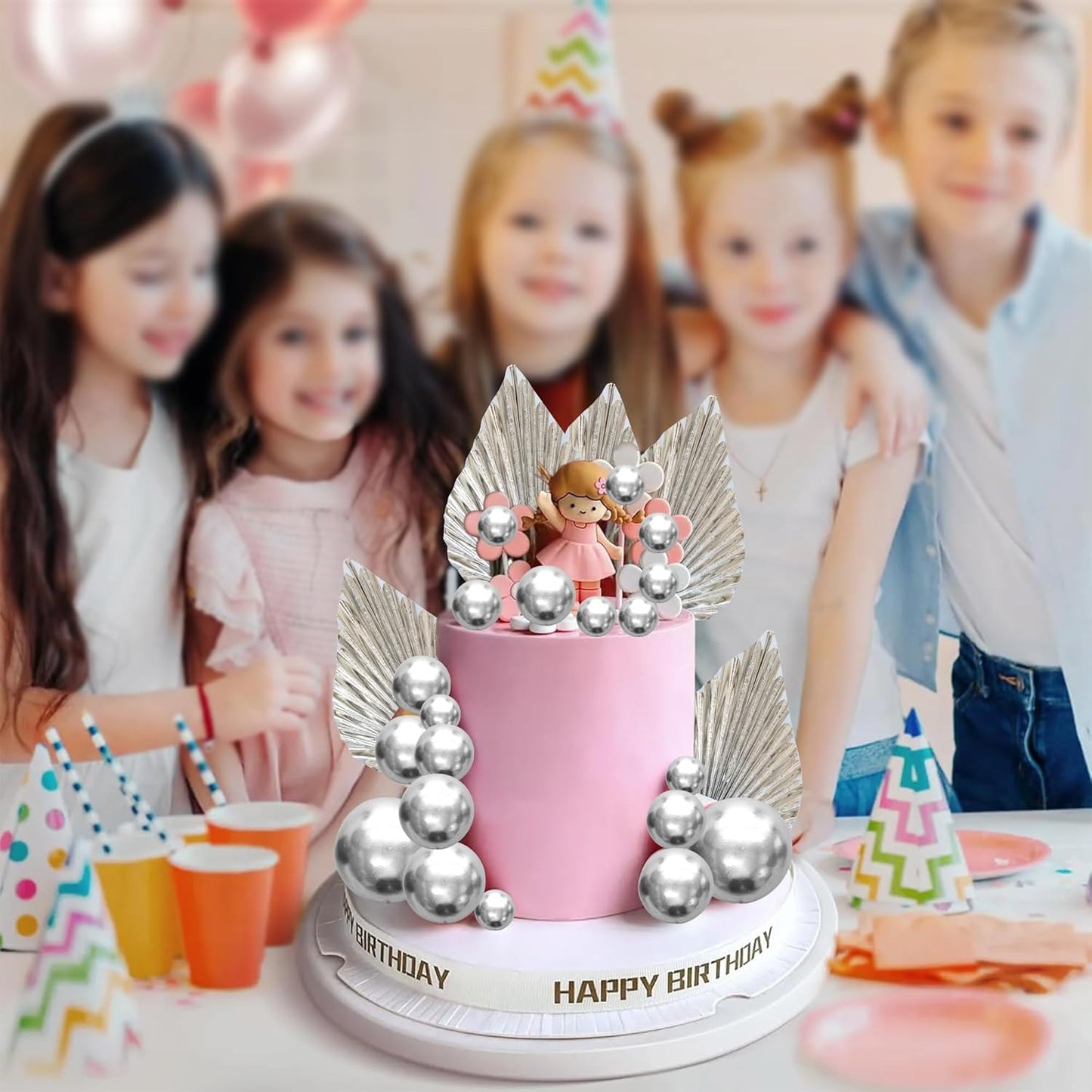 Ephlyn 28Pcs Paper Palm Fan Cake Topper Balls Cake Pick for Baby Shower Wedding Bridal Shower Birthday Party DIY Party Cake Decorations Supplies Silver
