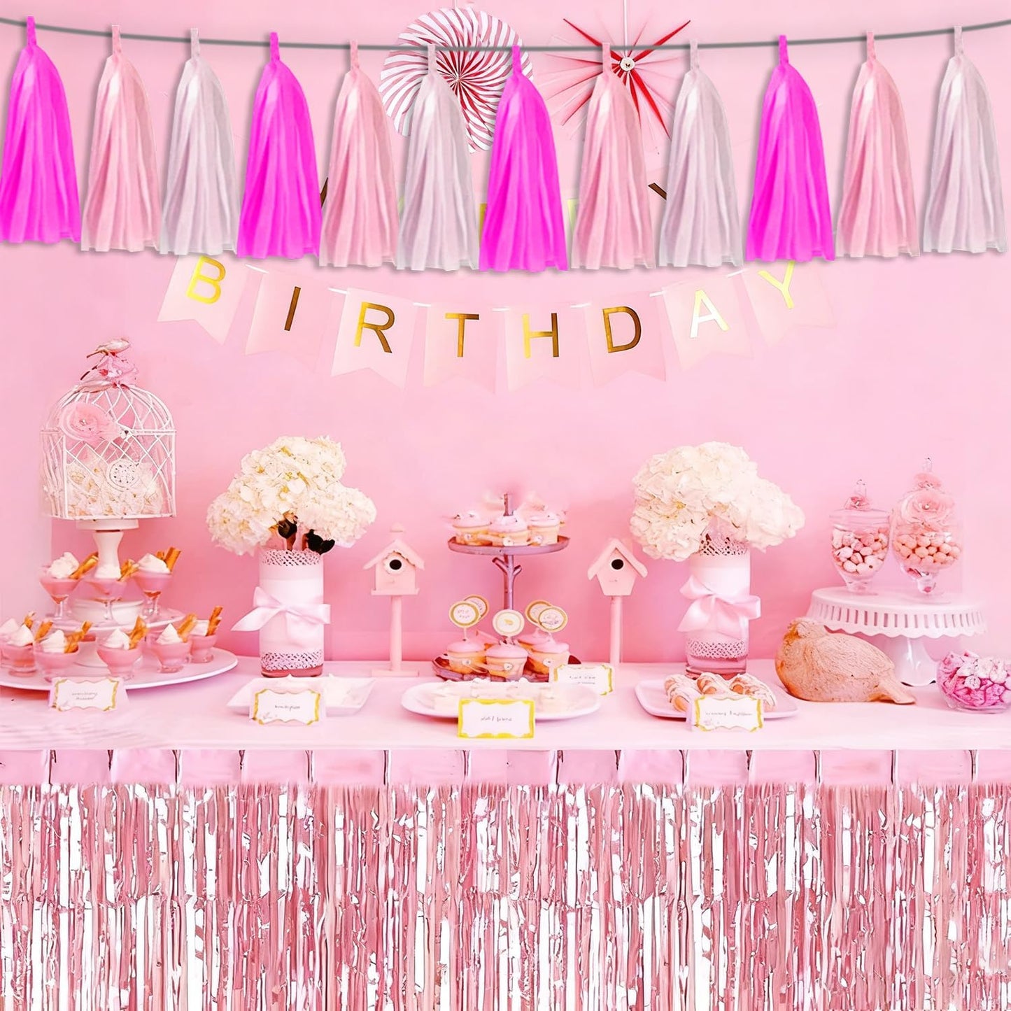 4P Maca-Rose Red Pink LightPink Tassel Banner Garland Foil Fringe Banner Tinsel Banner Backdrop for Parade Floats, Wall Hanging Curtain Parade Floats, Graduation Decorations, Wedding Party Decoration