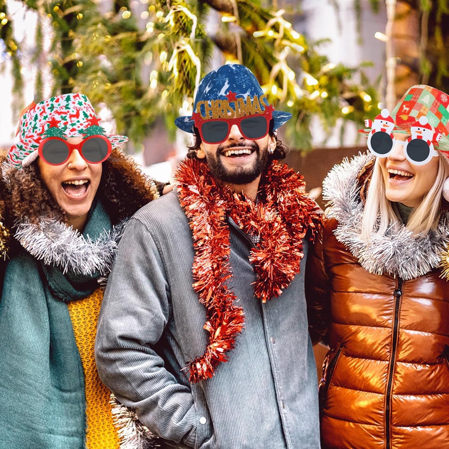 12pcs Christmas Photo Booth Prop, 6pcs Fedora Hats, 6pcs Party Sunglasses for Adult, Teen, Ugly Sweater Hat, Funny Glasses, Merry Xmas Carnival Party Costume Prop