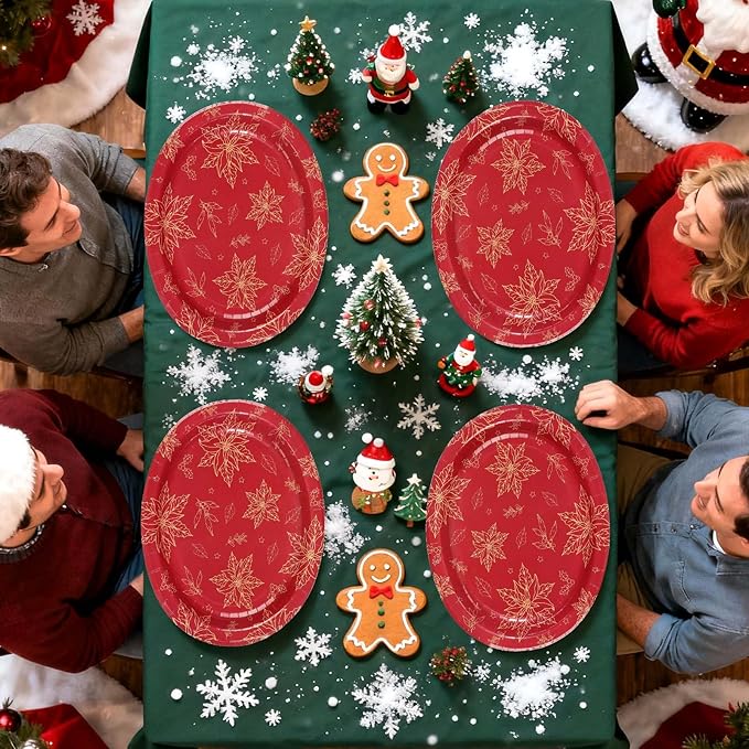 Christmas Oval Paper Plates 50Pcs – Red Gold Poinsettia Disposable Party Platters 10"x12"