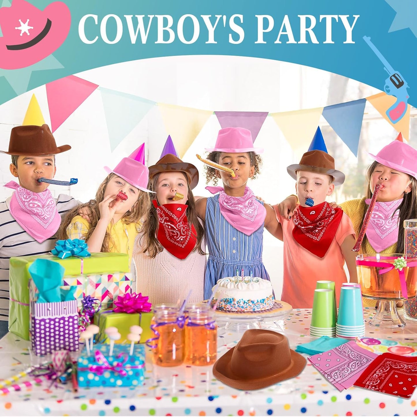 Hillban 72 Pcs Western Cowboy Hat and Paisley Bandana Set for Kids Felt Cowboy Party Hats for Costume Party Favors(Brown, Pink)