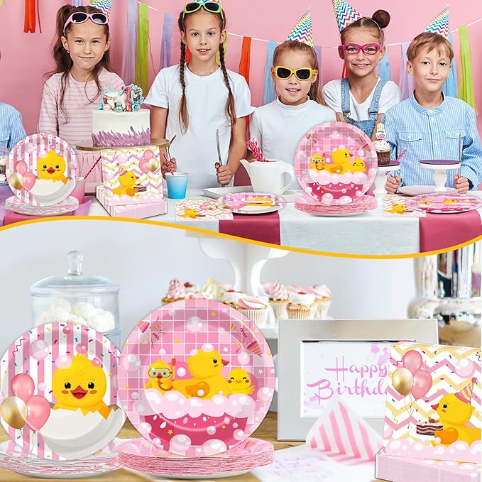 96Pcs Duck Birthday Party Supplies Pink Rubber Duck Paper Plates Napkins Duck Party Decorations Duck Themed Dinnerware Party Favor Girl Birthday Baby Shower Party Tableware Serves 24