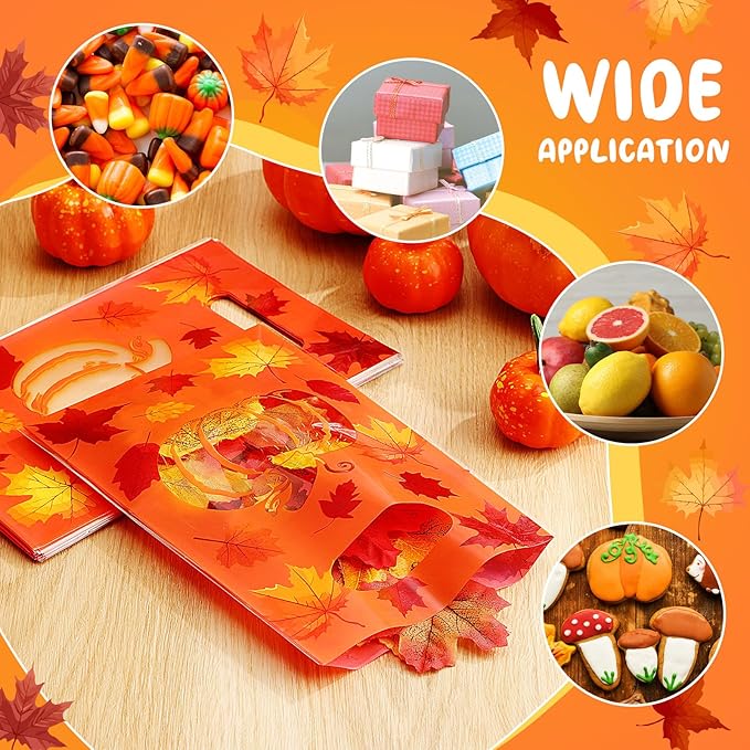 Supervitae 100 Pcs Thanksgiving Party Gift Bags Fall Pumpkin Favor Bags Bulk with Handles for Snacks Goodie Candy Treat Thanksgiving Party Supplies
