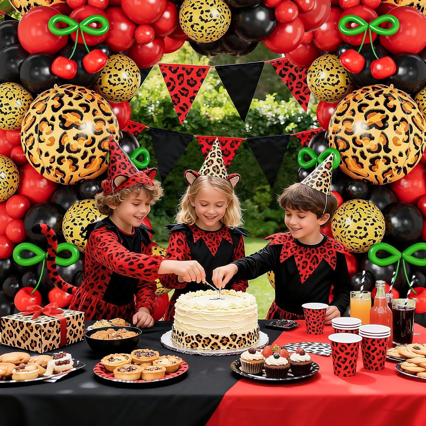 Red and Black Balloon Arch Kit with Cherry and Cheetah Print Foil Balloons, Cheetah and Cherry Birthday Decorations for Women, Red Leopard Party Decor, Baby Shower Bachelorette Girls Night Decorations