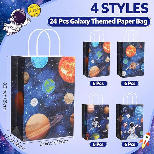 Gaillty 24 Pcs Outer Space Party Favor Bags Galaxy Goodie Gift Bags with Handles Kraft Paper Solar Treat Candy Totes for Astronaut Science Themed Birthday Party Supplies Decorations