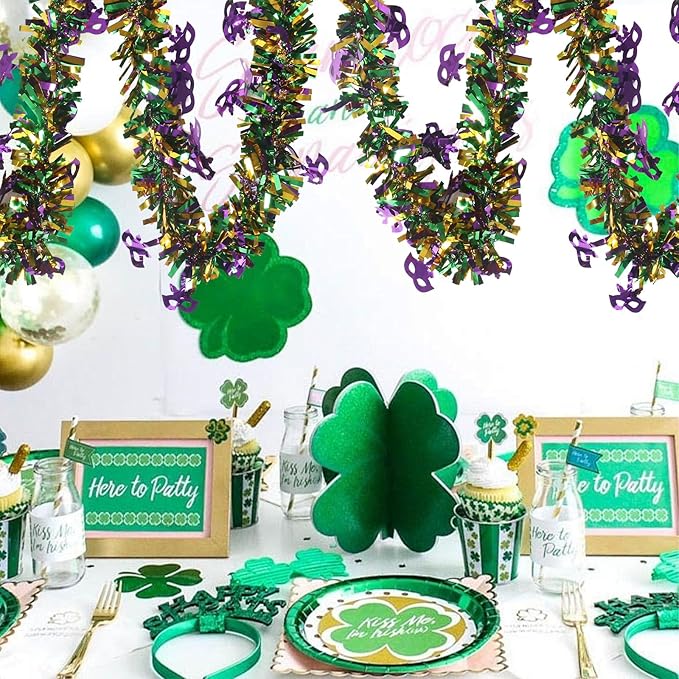 50 Feet Mardi Gras Tinsel Gold Green Purple Christmas Tree Tinsel Garland Metallic Twisted Hanging Garland for Mardi Gras Oktoberfest Birthday Party Decoration, B