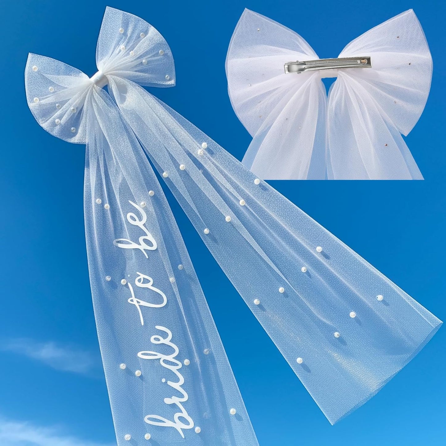 Bride to Be Bow Veil with Pearls, TWPER White Bridal Hair Bow Clip with Veil for Bachelorette Party, Bridal Shower, Wedding Morning, Engagement Photo Accessory