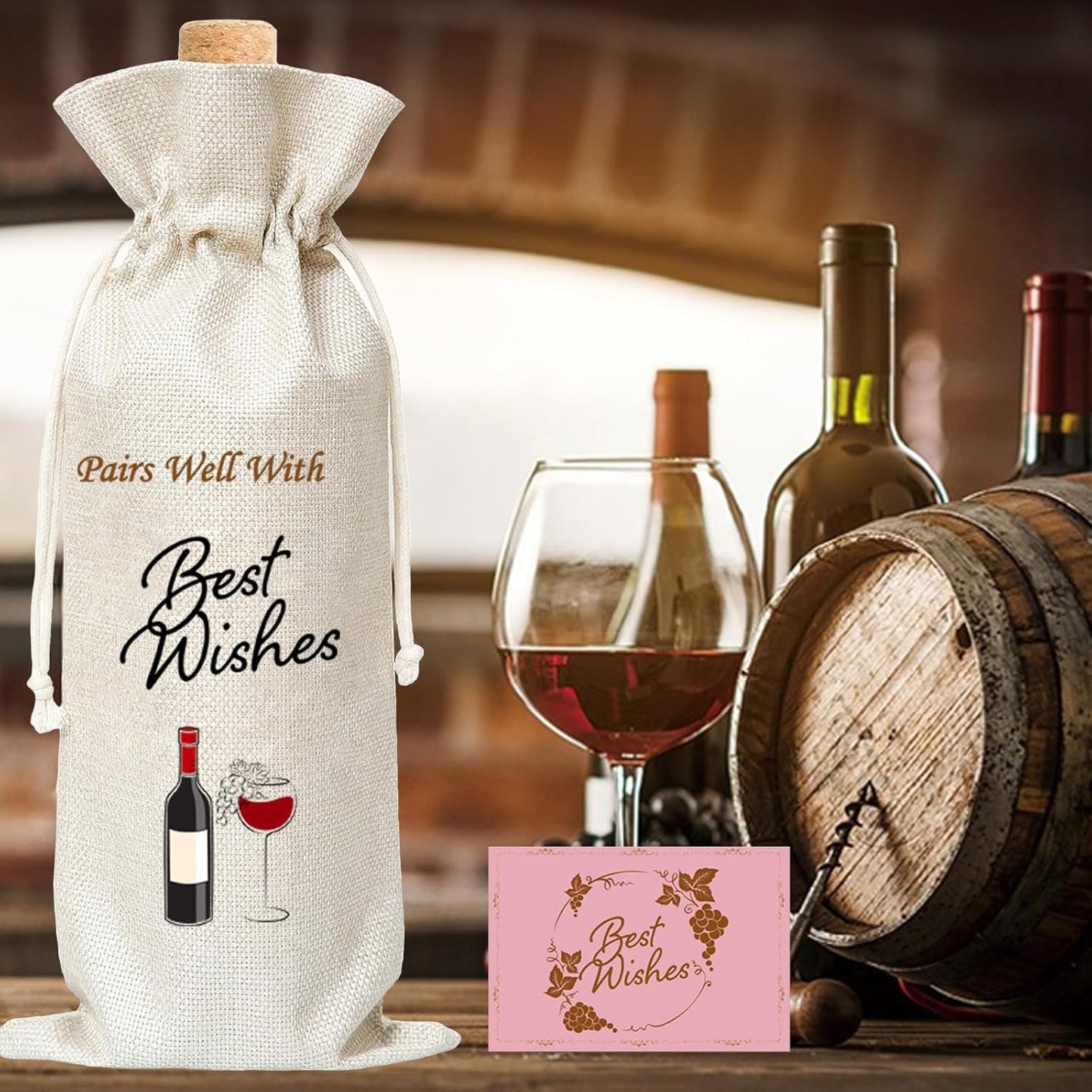 GALOFAY Wine Bag Gift Set, Personalized Print Words 'Pairs Well With Best Wishes‘ Wine Gifts Bag and Gift Card Sets for Engagement, Wedding, Birthday, Retirement, and Thank You Party Wine Decoration