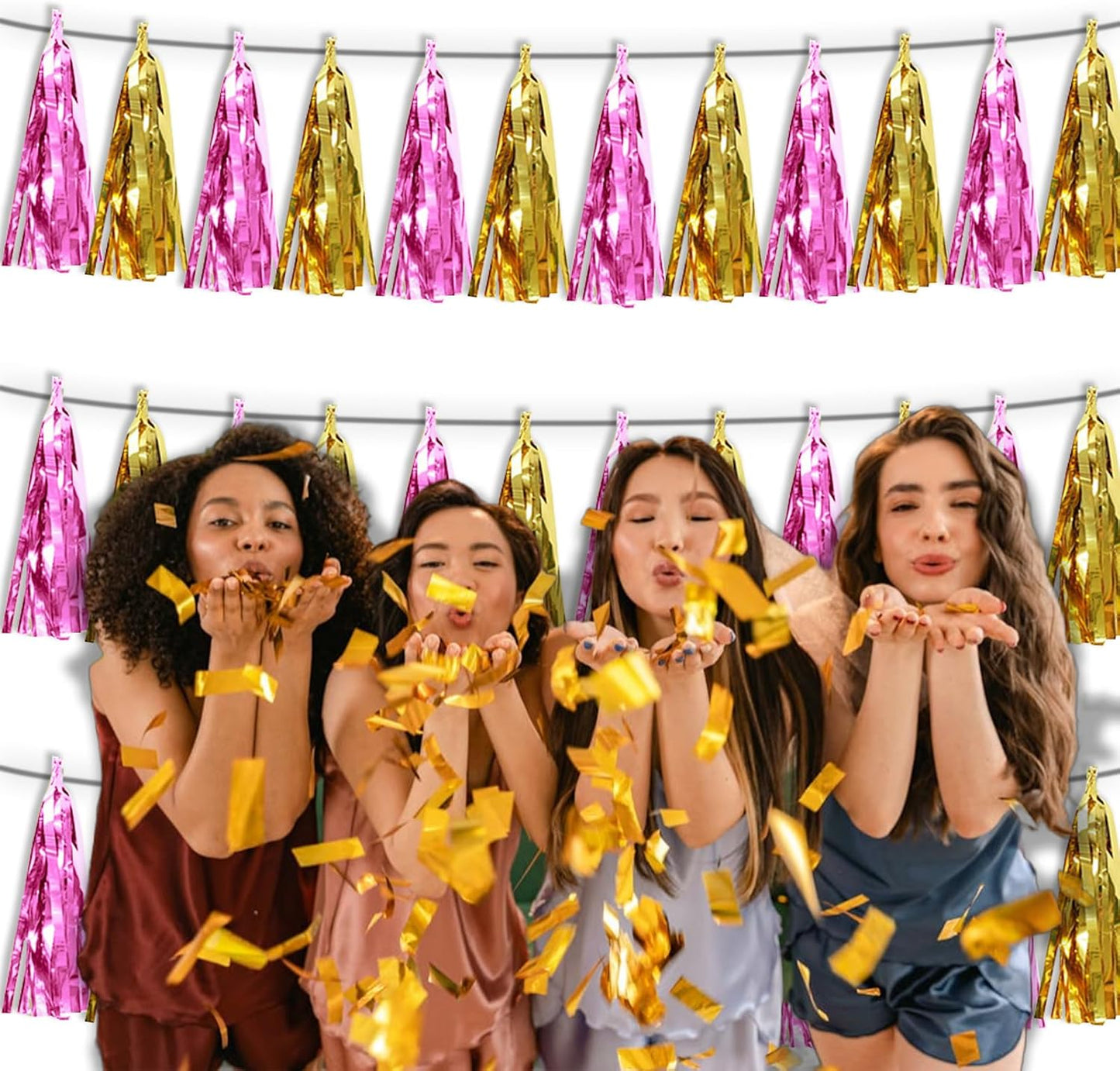 3P Gold Pink Tassel Banner Garland Metallic Foil Fringe Banner Tinsel Tassels Streamer Banner Backdrop for Parade Floats, Graduation, Wedding, Bachelorette, Birthday, Retirement Party Decorations