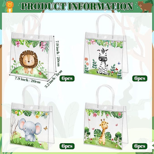 H1vojoxo Jungle Animals Gift Bags - 24PCS Safari Clear PVC Gift Bags Reusable Elephant Zebra Lion Giraffe Cartoon Jungle Animals Party Bag for Kids Birthday Baby Shower Wild One Birthday Decoration