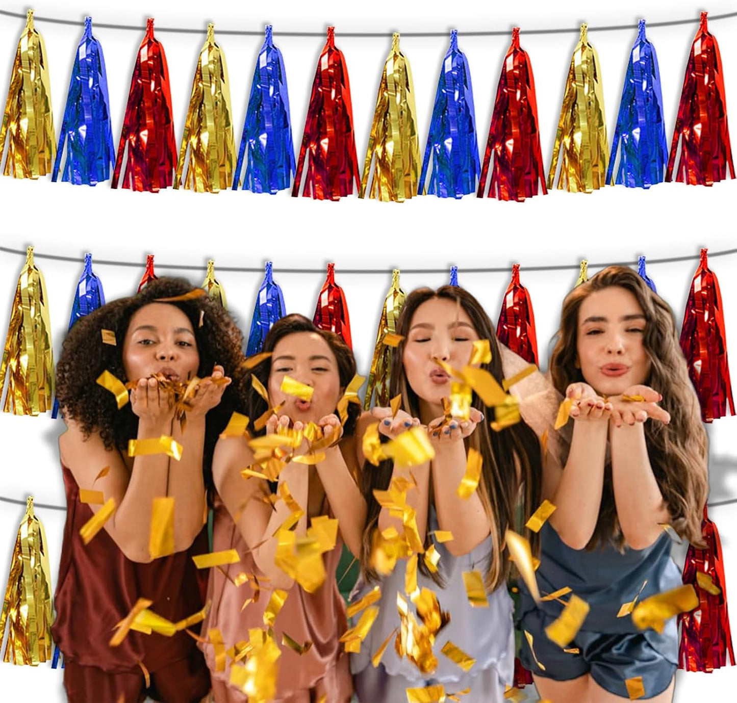 3P Gold Blue Red Tassel Banner Garland Metallic Foil Fringe Banner Tinsel Tassels Streamer Banner Backdrop for Parade Floats Graduation, Halloween, Christmas, Baby Bridal Shower Party Decorations